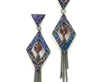 Long Geometric Purple Earrings w Tassels | Dangle Earrings | Tassel Earrings | Geometric Earrings | Chandelier Earrings | Earrings For Wife