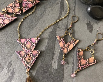 Pink Triangle Baroque Necklace, Earrings, and Bracelet Set - Boho Jewelry, Geometric Earrings, Triangle Earrings, Statement Earrings