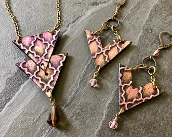 Pink Triangle Baroque Mixed Media Long Necklace | Boho Necklace | Triangle Necklace | Geometric Necklace | Paper Necklace \ Unique Necklace