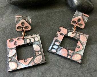 Embossed Copper Paper Earrings / Paper Jewelry Statement Earrings Square Earrings Copper Jewelry Lightweight Earrings Boho Earrings Unique