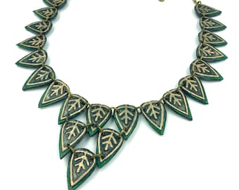 Green and Gold Leaf Necklace - Unique hand painted leaf statement necklace | Leaf jewelry, nature necklace, forest necklace, tree necklace
