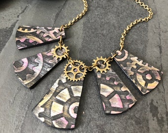 Steampunk Clock Gears Necklace / Steampunk Clothing Steampunk Jewelry Industrial Vintage Style Paper Necklace Paper Jewelry Gift For Her