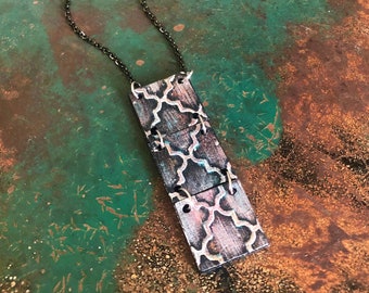 Hand Painted Moroccan Lattice Pendant Necklace | Unique, one-of-a-kind, eco-friendly mixed media necklace made out of recycled materials