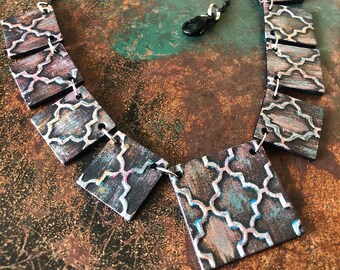Hand Painted Moroccan Lattice Choker Necklace | Unique, one-of-a-kind, eco-friendly mixed media necklace made out of recycled materials
