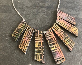 Hand Painted Forever Plaid Mid Century Modern Necklace | Unique, one-of-a-kind, eco-friendly mixed media choker from recycled materials