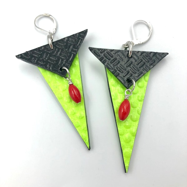 Chartreuse Long Triangle Earrings - Chartreuse Earrings, Geometric Earrings, Long Earrings, 80's Earrings, Dangle Earrings, Gift For Wife