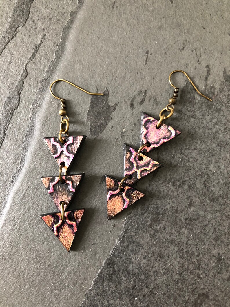 Pink Triangle Baroque Earrings Paper Earrings Mixed Media Jewelry Pink Earrings Long Earrings Vintage Look Statement Earrings Gift for Mom