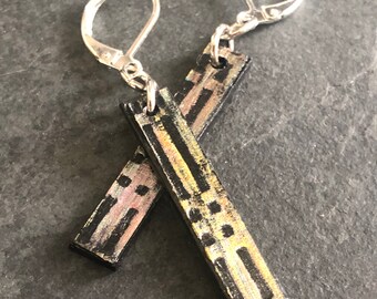 Hand Painted Forever Plaid Modern Long Earrings | Unique, one-of-a-kind, eco-friendly mixed media earrings made out of recycled materials