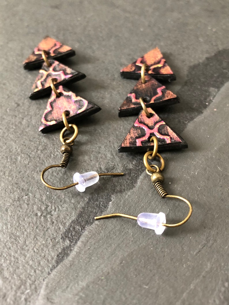 Pink Triangle Baroque Earrings Paper Earrings Mixed Media Jewelry Pink Earrings Long Earrings Vintage Look Statement Earrings Gift for Mom