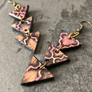 Pink Triangle Baroque Earrings / Paper Earrings Mixed Media Jewelry Pink Earrings Long Earrings Vintage Look Statement Earrings Gift for Mom