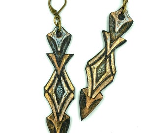 Rustic Batik Long Statement Earrings - Dangle Earrings - Boho Earrings - Big and Bold - One Of A Kind - Unique Hand Painted Paper Jewelry
