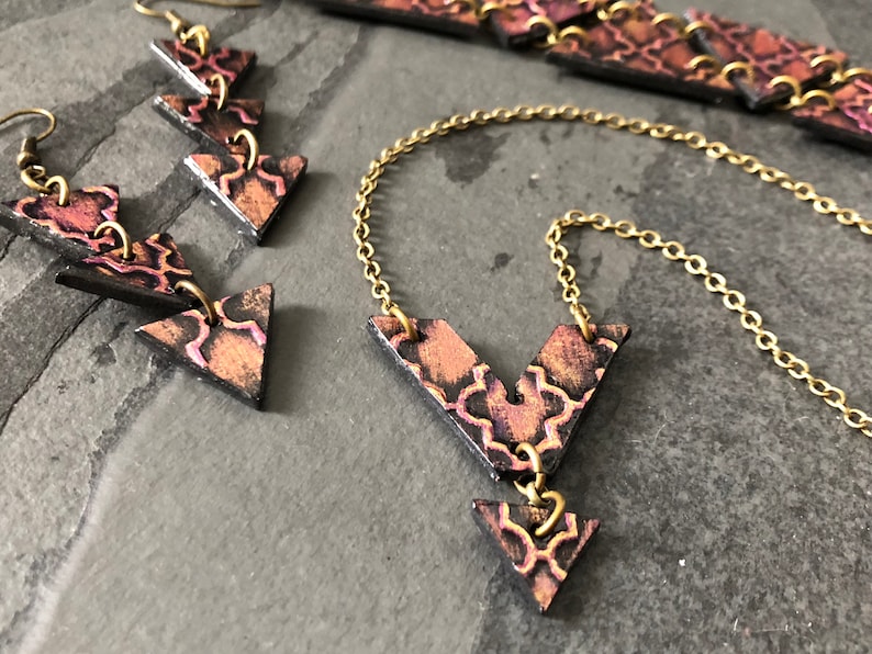 Pink Triangle Baroque Earrings Paper Earrings Mixed Media Jewelry Pink Earrings Long Earrings Vintage Look Statement Earrings Gift for Mom