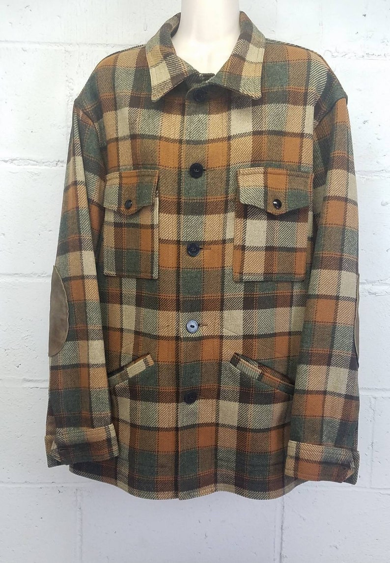 Vintage Pendleton Plaid Wool Flannel with Suede Elbow Patches Burnt Orange Brown Grandpa Flannel Lumberjack Size Larege Portland USA