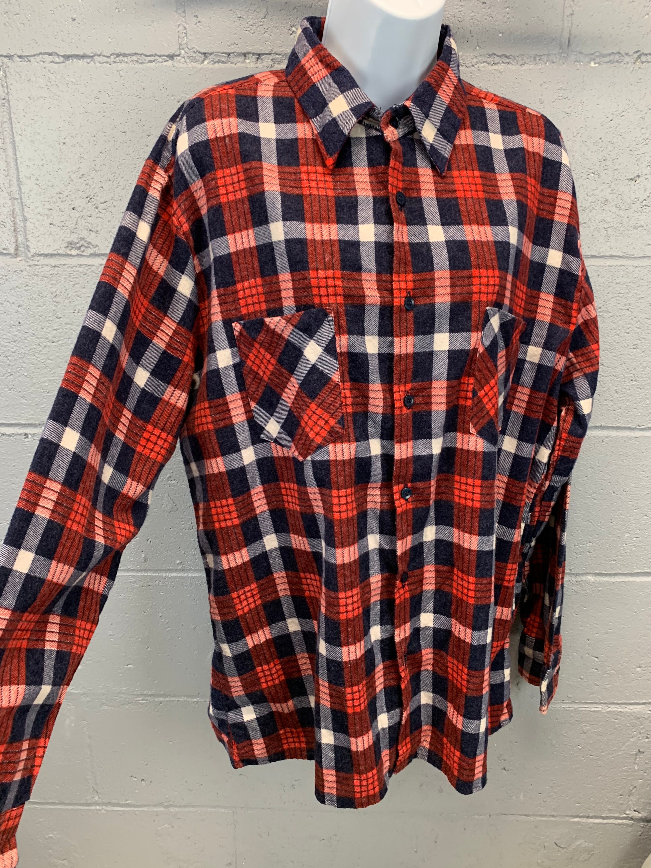 【SATIIIZ】Rudin Flannel Check Shirt Vintage Flannel Shirt Blue Red Tartan Plaid Grandpa Flannel