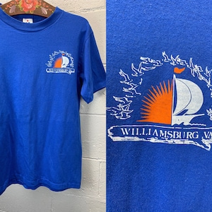 Vintage 1980s Williamsburg VA Souvenir Single  Stitch T-Shirt Blue Sailboat XL B9