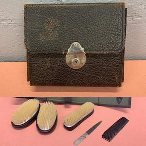 Vintage Men’s Travel Grooming Kit West Germany Leather Case Brushes Comb Nail File Vintage Travel Barber
