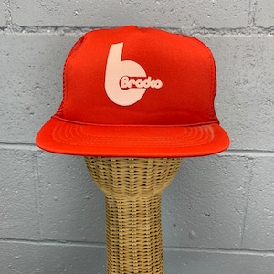 Vintage 1980s Trucker Hat Mesh Back Snap Back Baseball Hat Red Bradco Adjustable