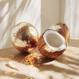 Peut inclure: Impression encadrée présentant une nature morte avec une boule disco, des noix de coco et une plante dans un vase en verre. La boule disco est recouverte de petits carrés réfléchissants. Une noix de coco est coupée, révélant la chair blanche.