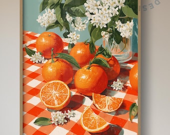 Oranges and White Blossoms Art Print, Mediterranean Kitchen Decor (Digital Download)