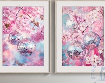 Cherry Blossom Disco Ball Print: Whimsical Spring Wall Art (Digital Download)