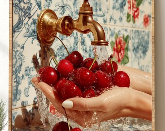 Vintage Cherries Wash Art Print, Portuguese Tile, Kitchen Decor (Digital Download)