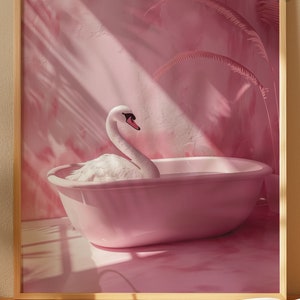 Kunstprint zwaan in bad: roze coquette badkamerdecor (digitale download)