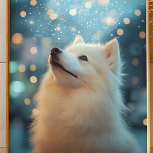 Sternenhimmel Samojede Welpe Portrait Wandkunst, Verträumter Hund Liebhaber Geschenk, Himmlische Nacht Haustier Poster, Gemütliche Serene Digitaler Download, Geschenk für Hundebesitzer