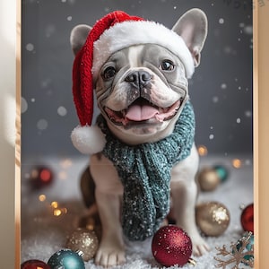 Christmas Pug Dog Wall Art Print, Cute Holiday Pet Print, Festive Santa Hat Pug Artwork, Digital Download Winter Poster Gift for Dog Lovers
