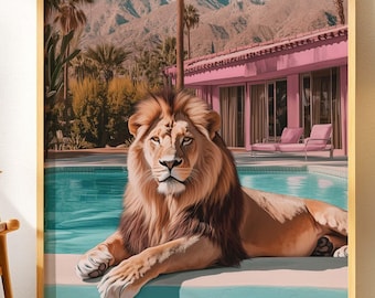 Vintage Lion Palm Springs Art: Retro Jungle Cat Print (Digital Download)