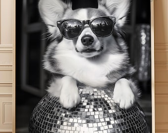 Corgi Disco Ball Print: Funky Pet Photography Wall Art (Digital Download)