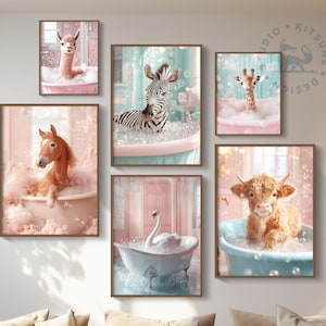 12 Animal Bathtub Wall Art Gallery Bundle Print Set, Funny Animal Bathroom Decor, Quirky Digital Download Art Home Gift, Animal Lovers