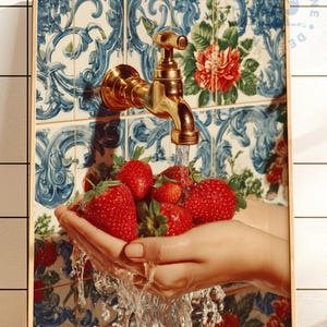 Strawberry Kitchen Art Print, Portuguese Tile, Mediterranean Fruit (Download)
