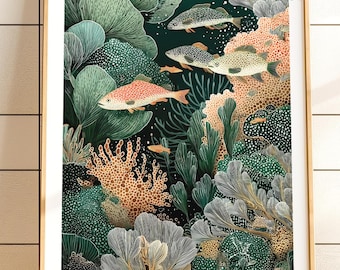 Impresión artística oceánica inspirada en Yayoi Kusama: Decoración de arrecife de coral (descarga digital)