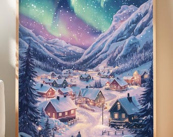Pode incluir: Uma impressão artística emoldurada retrata uma cena de vila nevada sob uma vibrante aurora boreal. A obra de arte apresenta uma vila aninhada em um vale, com casas cobertas de neve e uma estrada sinuosa. O céu é preenchido com tons de verde, roxo e azul.