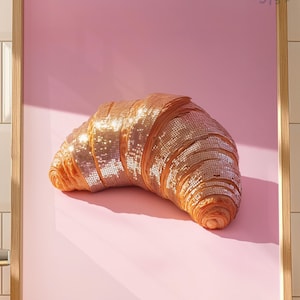 Croissant Français rose boule disco impression, art mural cuisine imprimable, téléchargement affiche boulangerie Paris, cadeau numérique pour amateur de cuisine, déco dopamine