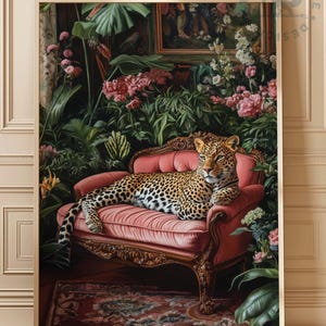 Arte mural de leopardo maximalista, regalo de decoración de animales para sofá de terciopelo, impresión retro glamurosa para dormitorio, póster de leopardo moderno para un hogar audaz, descarga digital