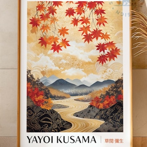 Yayoi Kusama inspirierte Herbstwandkunst, japanisches minimalistisches Herbst-Dekorgeschenk, ruhiges saisonales Poster, Ahornblatt, trendige Kunst digitaler Download
