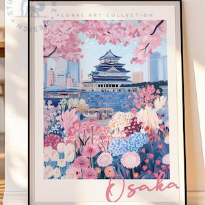 Osaka Castle Spring Wall Art, Cherry Blossom Flower Market Poster, Pastel Japan Travel Print, Sakura Digital Download, Wanderlust Decor Gift