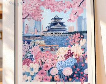 Burg Osaka Kirschblüten Print: Pastell Japan Wand Kunst (Digitaler Download)