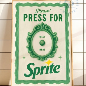 Decorazione murale retrò con citazione sulle bibite gassate, poster vintage "Press for Refresh", decorazioni per la cucina ispirate alle bibite gassate, decorazioni murali da tavola calda, Sprite, limonata, download digitale