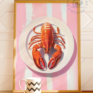 Lobster Stripe Art Print: Nautical Kitchen Coastal Decor (Digital Download)