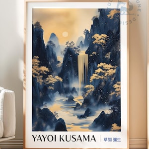 Yayoi Kusama inspiriert Gold Wasserfall Berg Wandkunst, japanische minimalistische Natur Dekor Geschenk, ruhige Landschaft Poster, digitaler Download