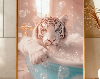 White Tiger Bathtub Art Print: Jungle Bathroom Decor (Digital Download)
