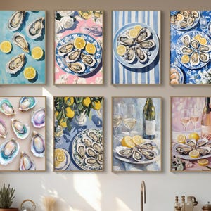 Conjunto de láminas artísticas de Oyster Club, decoración de pared para cocina con vino y limón, pósteres costeros para comedor, obras de arte para cafetería, bistró y restaurante, mariscos.