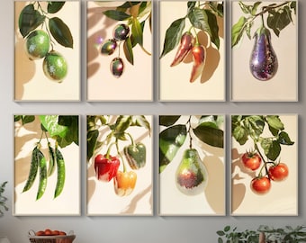 8 Disco Vegetable Print Set: Retro Kitchen Wall Art Bundle Set (Digital Download)