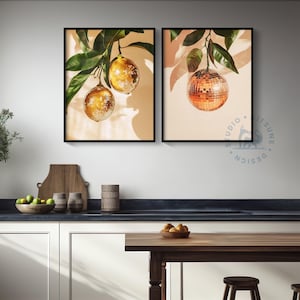 Retro Lemons Disco Ball Print, Kitchen Print, Bar Poster, Funky Food Home Decor, Preppy Citrus Fruit Wall Art, Lemon, Disco, Digital Print