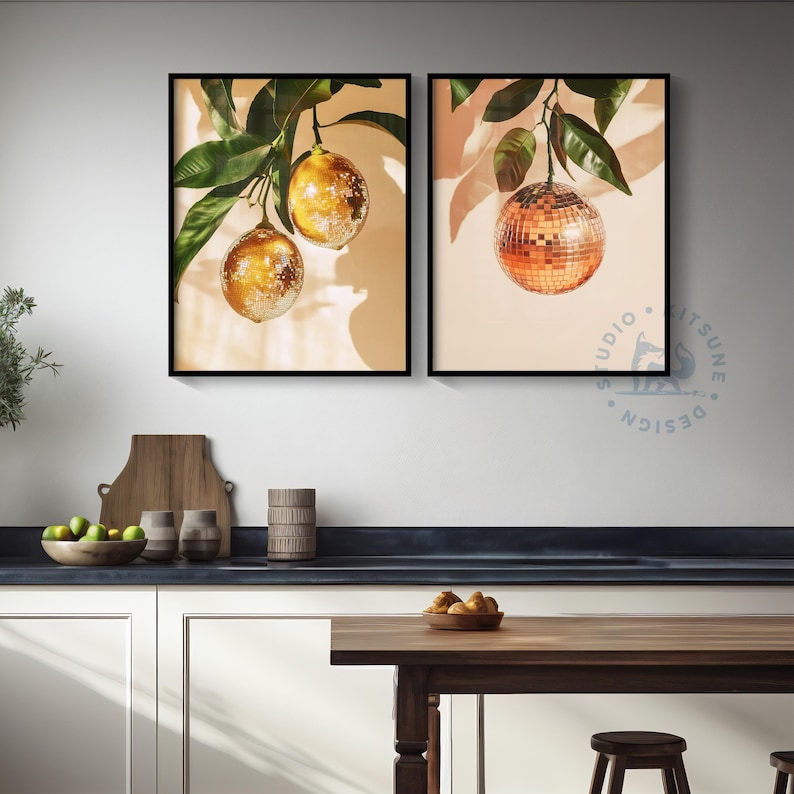 Retro Lemons Disco Ball Print, Kitchen Print, Bar Poster, Funky Food Home Decor, Preppy Citrus Fruit Wall Art, Lemon, Disco, Digital Print