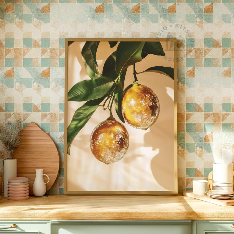 Retro Lemons Disco Ball Print, Kitchen Print, Bar Poster, Funky Food Home Decor, Preppy Citrus Fruit Wall Art, Lemon, Disco, Digital Print