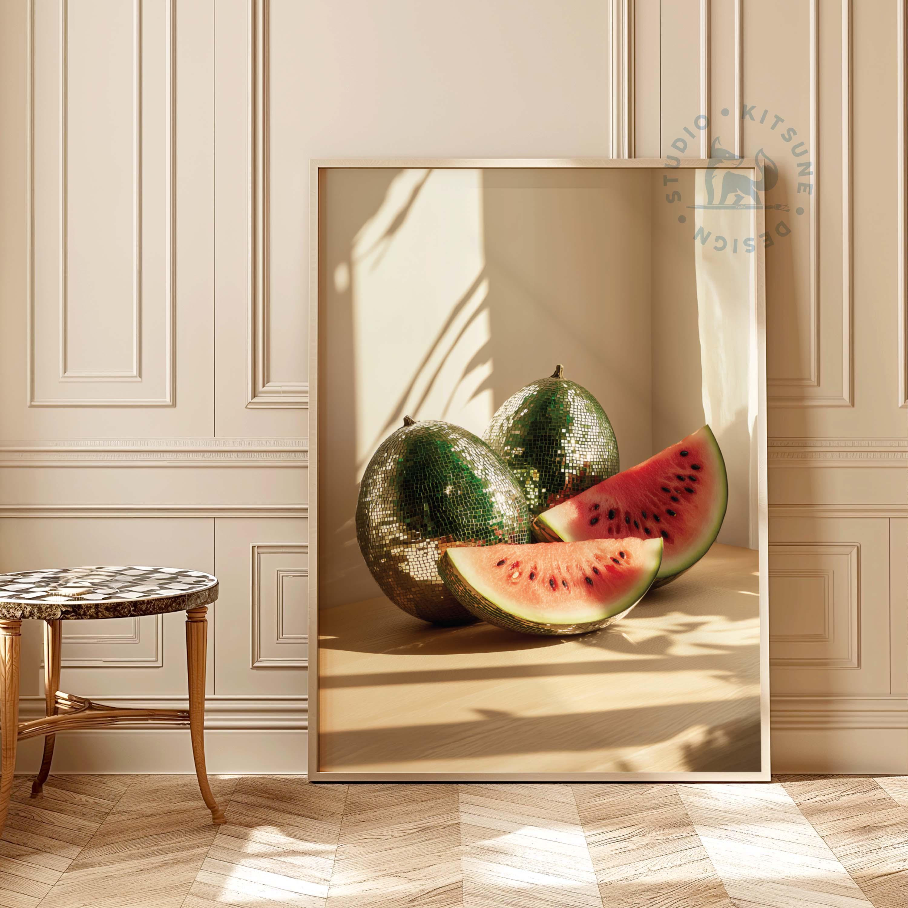 スイカのディスコボールプリント：ファンキーなキッチンウォールアート