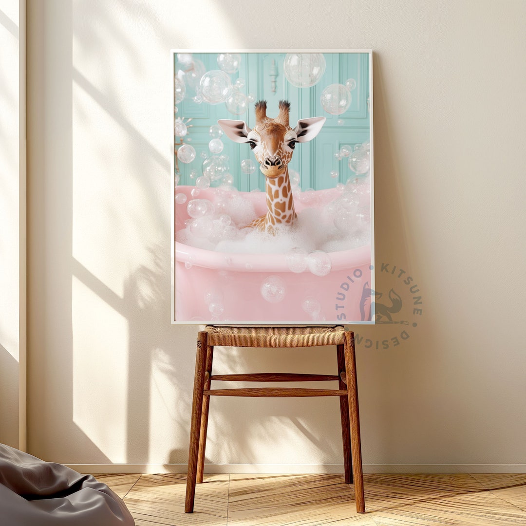 Giraffe in Bathtub Art Print: Funny Bathroom Animal Poster (digital ...